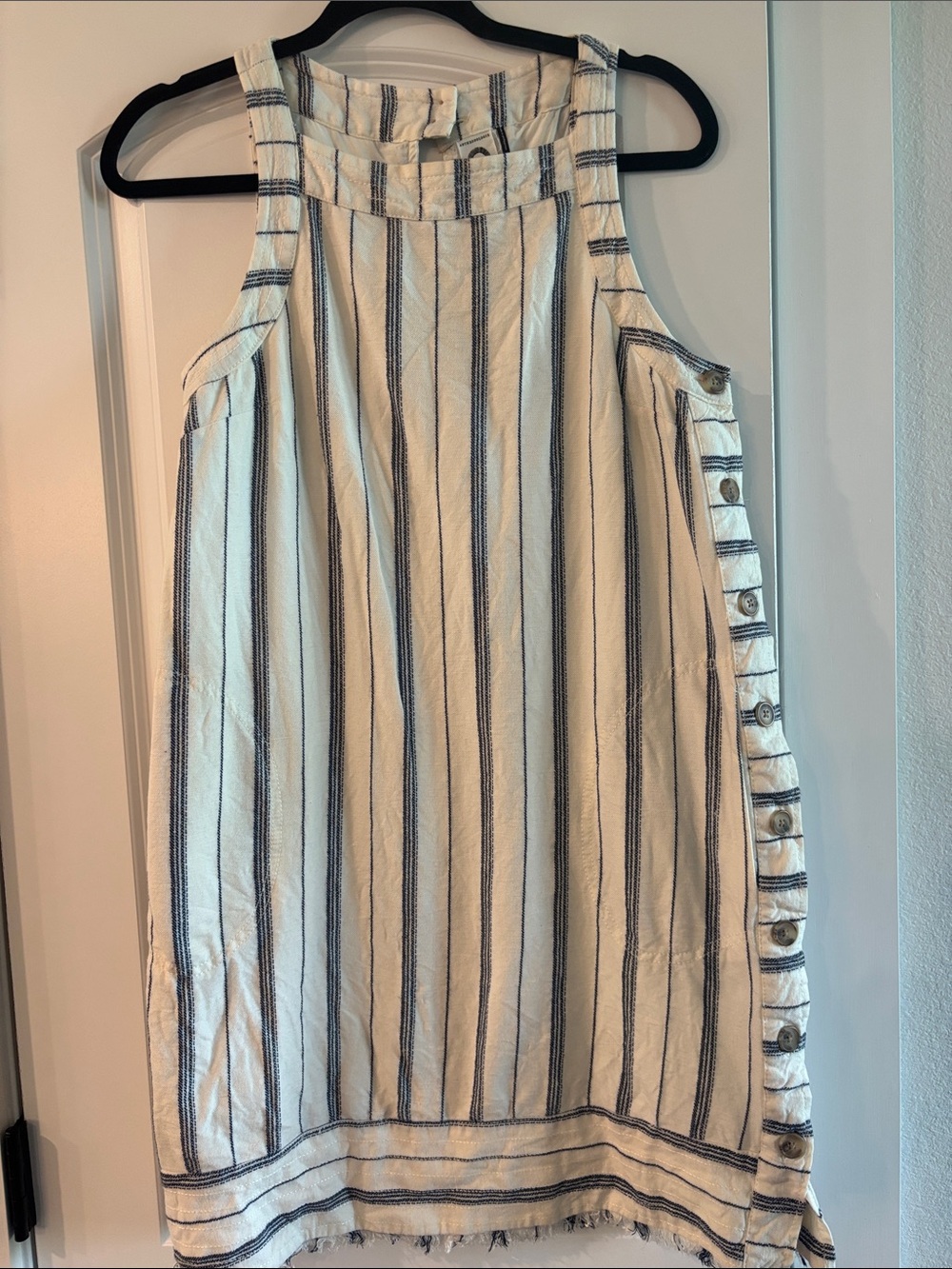 Anthropologie Cream and Blue Vertical-Stripe Sleeveless Button-Accent Mini Dress
